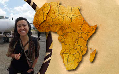 Picture of Juanita Rodríguez in an airport with Africa's illustrated map